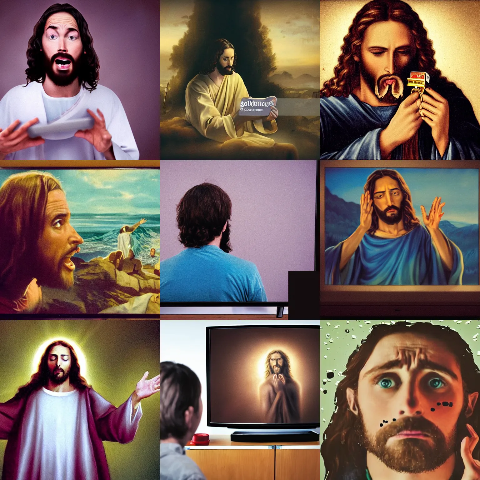 Prompt: Jesus vomiting while looking at a television with the news on. Photograph.