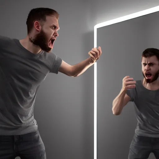 Image similar to professional photographic image of young angry man trying to fight to himself in the mirror, studio shot, dynamic lighting, high definition, highly detailed, photo-realistic, unreal engine render, 16k