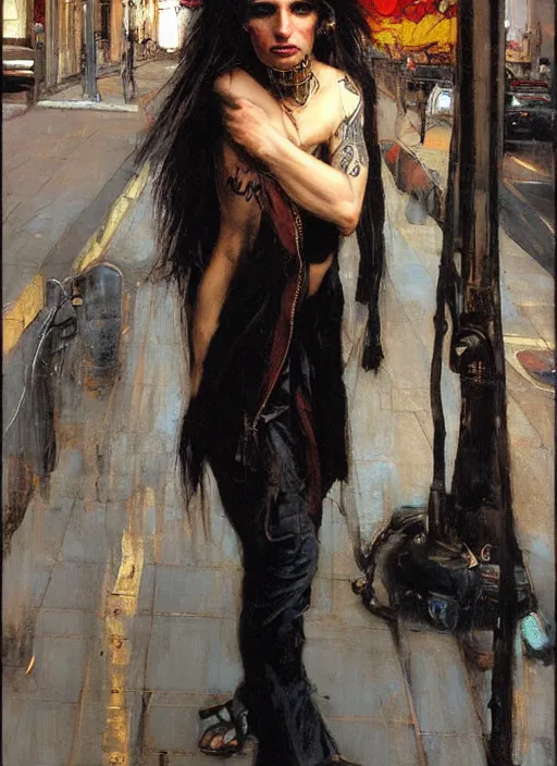 Image similar to androgynous glam rocker outside cbgb in the style of phil hale, sfumato Orientalist portrait by john william waterhouse, moebius oil on canvas. Cinematic, hyper realism, realistic proportions, dramatic lighting, high detail 4k