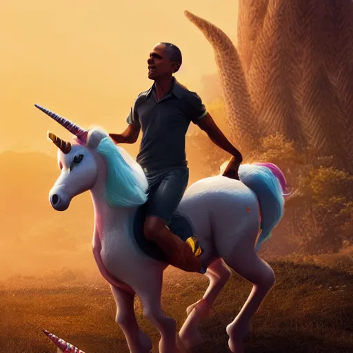 Image similar to obama riding a unicorn, hyperrealistic masterpiece, trending on artstation, cgsociety, kodakchrome, golden ratio, cinematic, composition, beautiful lighting, hyper detailed, octane render, 4 k, unreal engine