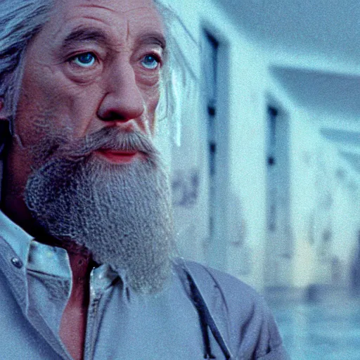 Prompt: beautiful hyperrealism three point perspective film still of Gandalf the grey boat racing in Miami Vice(1988) extreme closeup portrait in style of 1990s frontiers in translucent porclein miniature street photography seinen manga fashion edition, miniature porcelain model, focus on face, eye contact, tilt shift style scene background, soft lighting, Kodak Portra 400, cinematic style, telephoto by Emmanuel Lubezki