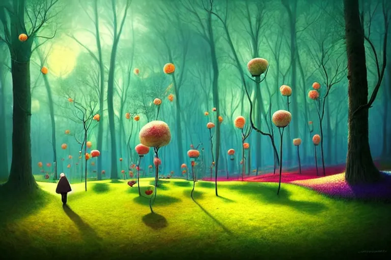 Prompt: surreal glimpse into other universe, inside a marshmallow forest in an ice cream valley, summer morning, very coherent and colorful high contrast, art by!!!! gediminas pranckevicius!!!! dark shadows, hard lighting