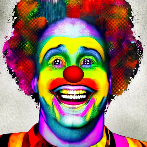 Image similar to Portrait of a colorful happy joyful clown, crazy, digital art masterpiece