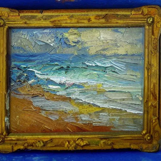 Image similar to oil paint impasto relief, beautiful italian beach scene, rough sea, multi layered thick brush marks, some splattered paint, in the style of ivan shishkin and frank auerbach and van gogh