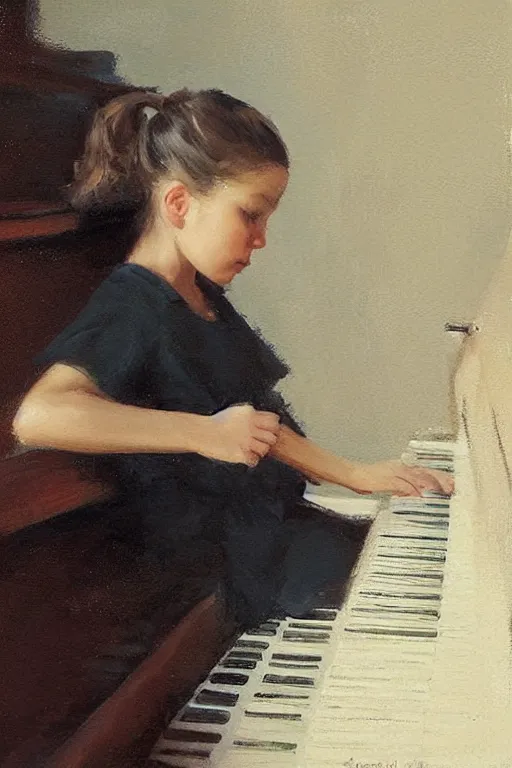 Image similar to “ little girl, pigtails hairstyle, practicing at the piano, jeremy lipking, casey baugh ”