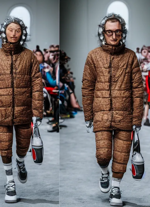 Image similar to hyperrealistic and heavy detailed Moncler runway show of rick and morty , Leica SL2 50mm, vivid color, high quality, high textured, real life