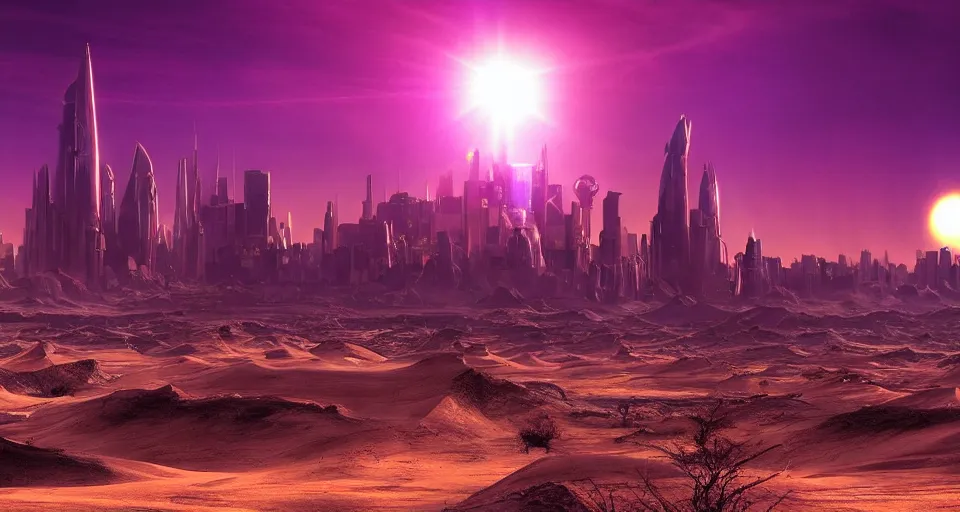 Image similar to Sci-fi landscape of a desert with two suns suns in the sky and futuristic city in the background, purple color-theme, cinematic, science-fiction art wallpaper, stunning digital art