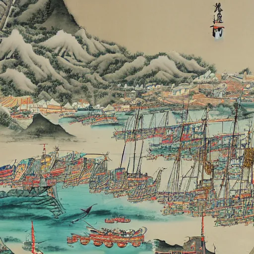 Image similar to a hanging scroll painting of a panorama of a tuna fishing port, by Ma Lin, ink and color on silk, detailed, landscape