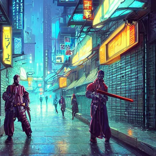 Image similar to An android wielding two katanas in a cyberpunk setting by Evgeny Lushpin, Trending on Artstation, 1980s computer graphics,