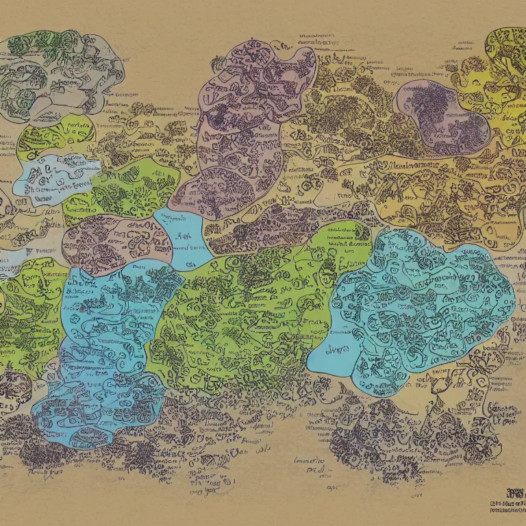 Image similar to imaginary map of a fantacy world, different realms, blueprint, infographic, on paper, natural colors, with notes, highly detailed