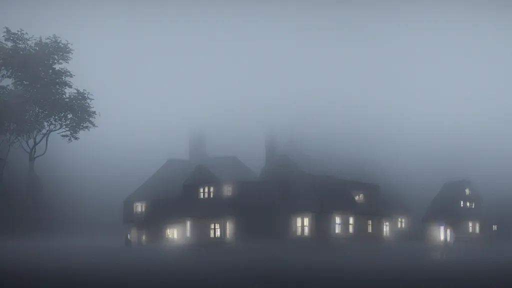 Image similar to village with many beautiful houses in the fog, fog, volumetric lighting, mystique, atmospheric, in the style of the game inside, sharp focus, ultra detailed, noir arthouse, 4 k, cinematic, 3 5 mm