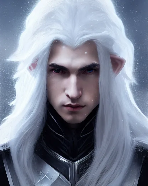 Prompt: portrait, beautiful male elf, long wavy white hair, super detailed, light black armor with silver accenting, silver jewelry, cape, 8 k, cinematic, backlight, octane render, moonlight, snow, clouds, artstation, greg rutkowski, rossdraws, william bouguereau, sharp focus