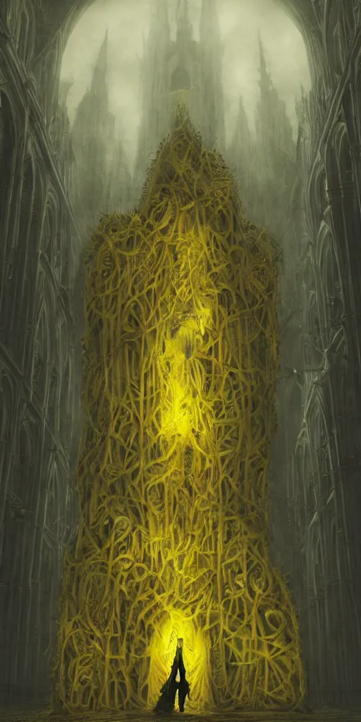 Image similar to a tall towering huge pale human wearing a yellow garment sitting upon an ornate stone throne, 4K, digital art, lovecraftian, lovecraft art, artstation, horror, dramatic, wearing a long yellow rotting garment, dark, hyperrealistic, dramatic perspective, complex (((dark))) cathedral background, dark background, highlights,