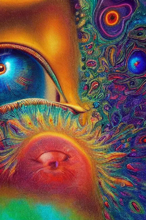 Image similar to hyperrealistic abstract close-up Renaissance psychedelic!! celestial happy! pure creature!! peaceful! kind spirit of nature! beautiful fractal!! eyes! highly detailed concept art eric zener elson peter cinematic hard rainbow lighting high angle hd 8k sharp shallow depth of field endless, inspired by Zdzisław Beksiński Salvador Dali