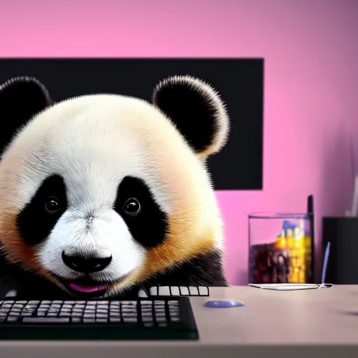 Prompt: A bored baby Panda yawning while working on his desktop computer in a crowded room, hyperrealistic, highly detailed, depth of field, High definition, 8k, octane render, artstation