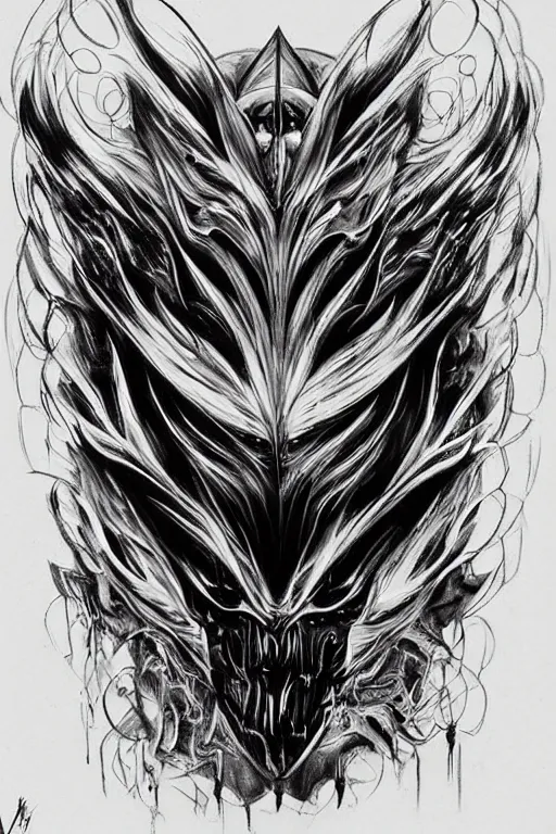 Image similar to Pikachu as painting of majestic chromatic biomechanical anatomical hybrid beautiful ethereal symmetrical neutral black metal corpsepaint mask closeup face tattoo pattern golden ratio concept, Neo-Gothic concept, infinity glyph waves, intricate artwork masterpiece, very coherent artwork, cinematic, full frontal facial features by Artgerm, art by H.R. Giger, Joseph Michael Linsner, Zdizslaw Beksinski, Johnatan Wayshak, Moebius, Ayami Kojima, very anatomically coherent artwork, trending on cgsociety, ultra high quality model, production quality cinema model, high detail chromatic ink outline, octane render, unreal engine 8k, hyper realism, high detail, octane render, unreal engine, 8k, High contrast