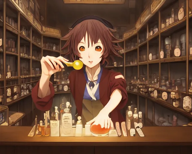 Image similar to anime visual, portrait of a young female traveler in a alchemist's potion shop interior, cute face by yoh yoshinari, katsura masakazu, cinematic luts, cold studio lighting, dynamic pose, dynamic perspective, strong silhouette, anime cels, ilya kuvshinov, cel shaded, crisp and sharp, rounded eyes, moody