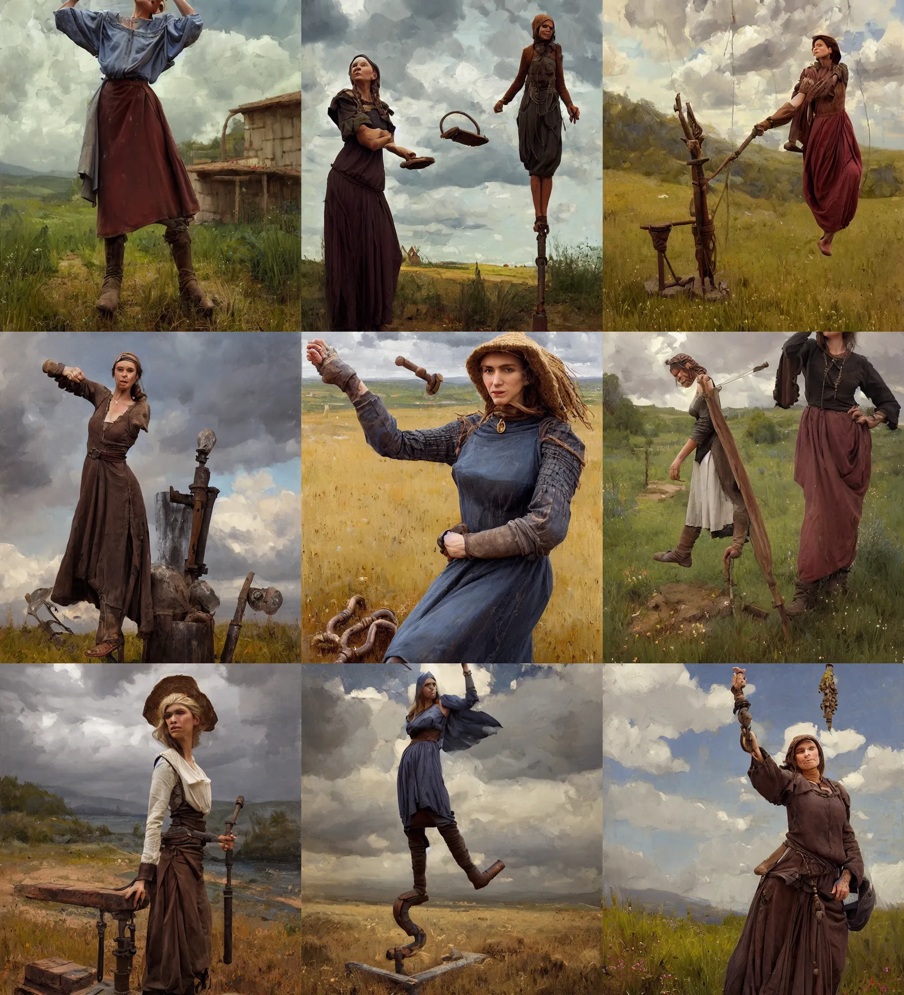 Prompt: portrait of medieval farmer woman with wooden jewelry, mediterranean features, fantasy character, sitting dynamic pose, Low poly, thunder clouds in the sky, artwork by Jeremy Lipkin and Giuseppe Dangelico Pino and Michael Garmash and rob rey, levitation, industrial rusty pipes, simple form, brutal shapes