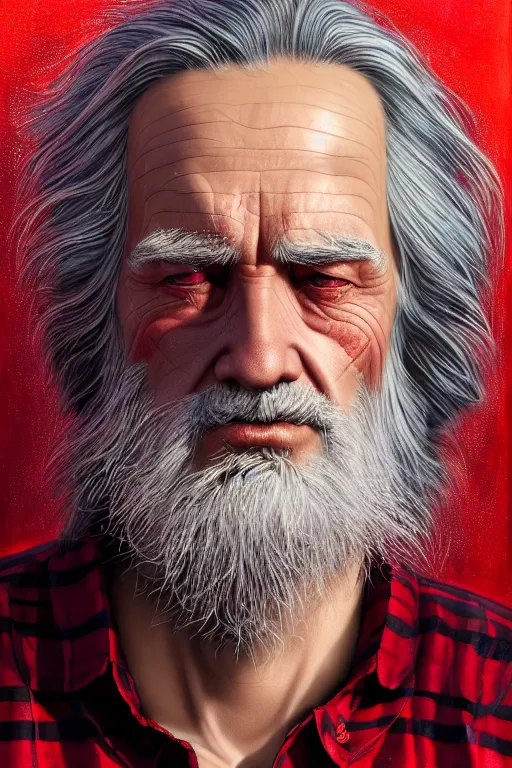 Image similar to an old man wear plaid red shirt + long grey hair + no beard is the man who know everything in the universe by karol bak, james jean, tom bagshaw, rococo, sharp focus, trending on artstation, cinematic lighting, hyper realism, octane render, 8 k, hyper detailed, vivid, ultra detailed, highly detailed