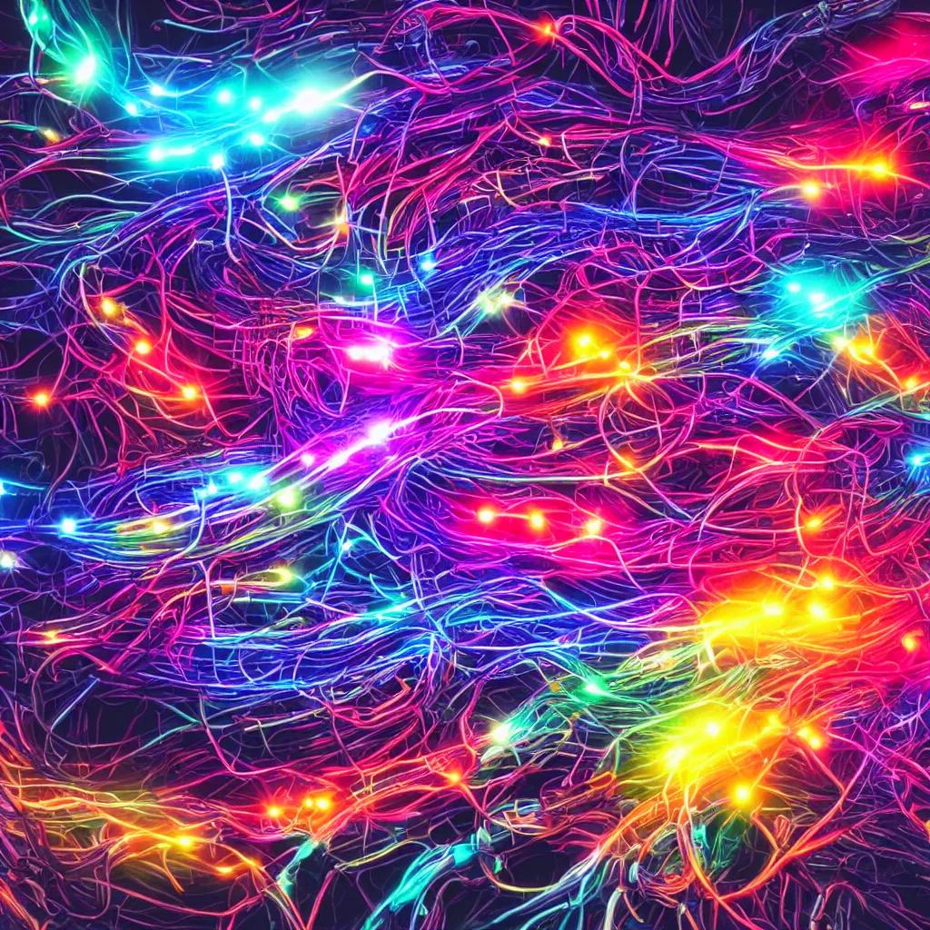 Prompt: mess of colorful cables, graphic art, cinematic lightning, neon lights