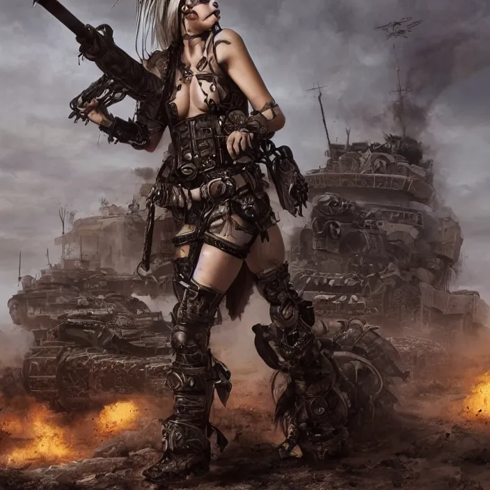 Image similar to beautiful apocalyptic woman with Mohawk, standing on mad max panzer tank, hyper-detailed, smooth, sharp focus, 4k ultra hd, fantasy dark art, tank girl, artgerm, artstation, octane render, elegant, detailed digital painting, apocalyptic art