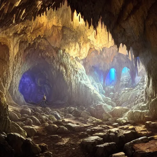 Image similar to A beautiful hyper realistic detailed matte painting of a cavern full of crystal formations, geode, quartz, amethyst. John Howe, Andreas Rocha, dynamic lighting, dramatic lighting, cinematic lighting, unreal engine, featured on artstation, physically based rendering