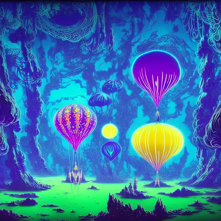 Image similar to mysterious balloons over mystical crystal temple, infinite fractal tesseract, quantum waves, synthwave, bright neon colors, highly detailed, cinematic, eyvind earle, tim white, philippe druillet, roger dean, ernst haeckel, lisa frank, aubrey beardsley, kubrick