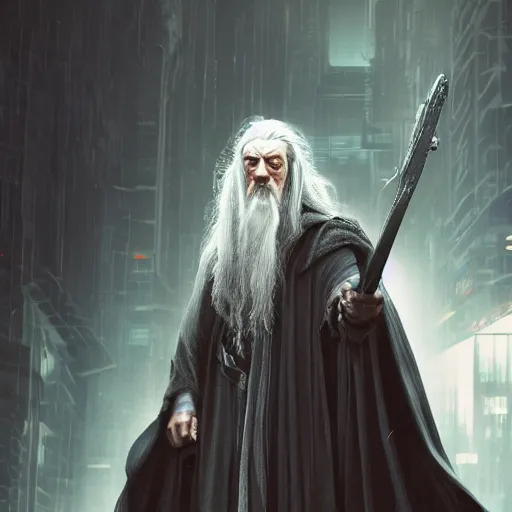 Prompt: cyberpunk gandalf, lord of the rings, photorealistic, 4 k, rain, blade runner, ultra realistic. isometric