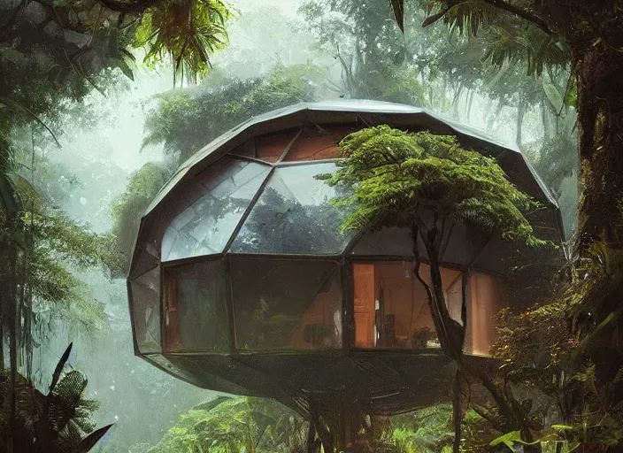 Image similar to a beautiful painting of a geodesic house in a moist tropical rainforest, by greg rutkowski, realism, artstation, nature