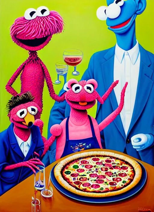 Image similar to hyper detailed painting of an muppet family in japanese clothes in an old italian restaurant eating flamingo pizza and drinking blue wine by Bel Fullana, Rhys Lee, Storm Thorgerson, and Danny Fox, neo expressionism art, semi naive, rich deep colors. Allison Schulnik painting, part by Adrian Ghenie and Gottfried Helnwein. art by Ron Mueck. masterpiece