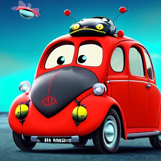 Image similar to a hybrid giant lady bug is merged with'herbie the love bug'car, digital art, phtorealistic, imax, 7 0 mm, movie still