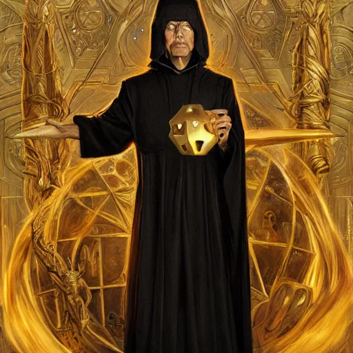 Prompt: Cult leader wearing black robes and a golden mask as a fantasy D&D character, portrait art by Donato Giancola and James Gurney, digital art, trending on artstation