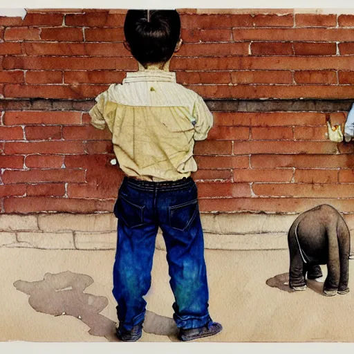 Prompt: rear view of a young boy standing between his mom and dad, a short brick wall separates them from an elephant, watercolor and pencil by norman rockwell