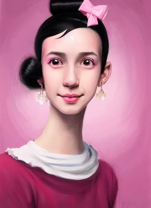 Image similar to portrait of high school girl, realistic, black hair, bangs, half updo hairstyle, pointy nose, skinny, smile, ugly, defined jawline, big chin, pink hair bow, earrings, intricate, elegant, glowing lights, highly detailed, digital painting, artstation, sharp focus, illustration, art by wlop, mars ravelo and greg rutkowski