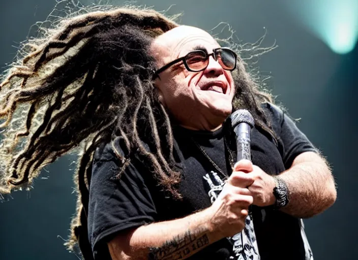 Image similar to publicity photo still of danny devito touring with korn live on stage, 8 k, live concert lighting, mid shot