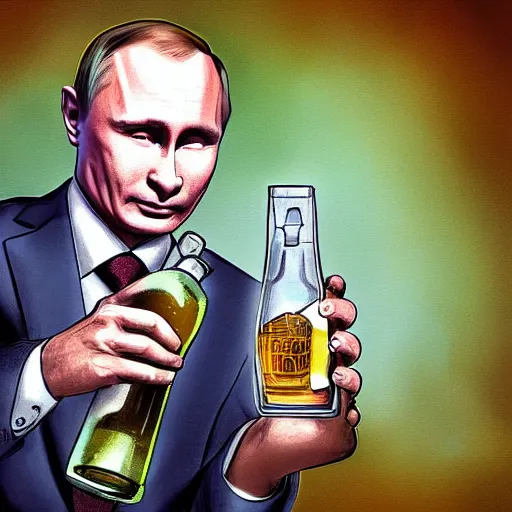 Image similar to putin holding a bottle of alcohol named arak, cinematic, beautiful digital painting, hyper detailed