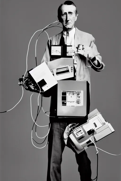 Image similar to a minimalist portrait of Marcel Duchamp holding computer cables in the style of Annie Leibovitz, Irving Penn, Hito Steyerl, Shinya Tsukamoto, Saâdane Afif, Alfredo Jaar line drawing and 35mm film, wide angle, monochrome, futuristic tetsuo