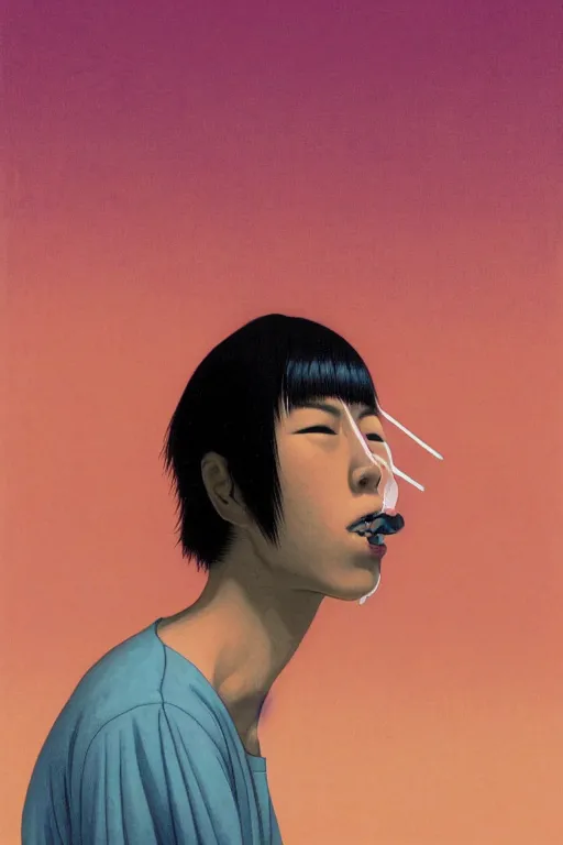 Image similar to a scifi closeup portrait of a young japanese man licking a blotter paper of LSD acid on his tongue and dreaming psychedelic hallucinations in cosmos, by kawase hasui, moebius, Edward Hopper and James Gilleard, Zdzislaw Beksinski, Steven Outram colorful flat surreal design, hd, 8k, artstation
