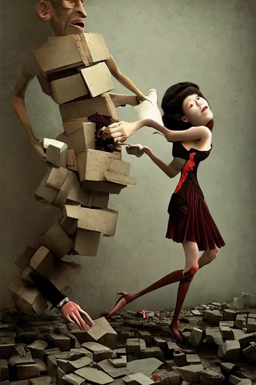Prompt: man breaking into pieces while a woman tries to hold the fallen parts, surreal, ray caesar