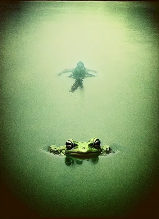 Image similar to “semitranslucent smiling frog amphibian vertically hovering over misty lake waters in Jesus Christ pose, low angle, long cinematic shot by Andrei Tarkovsky, paranormal, eerie, mystical”