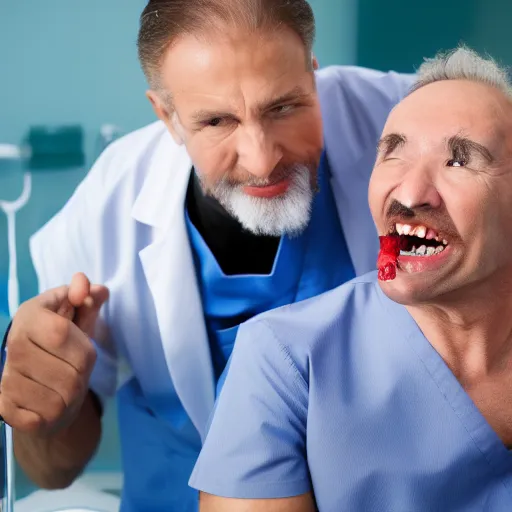 Prompt: a evil dentist preparing to pull a scared mans teeth, 4k
