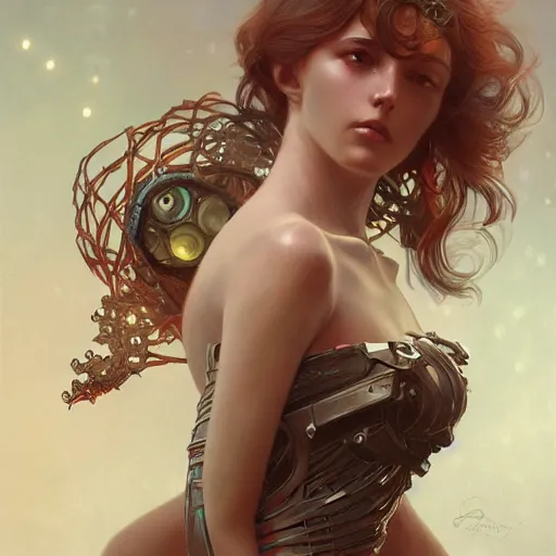 Image similar to ultra realistic illustration, manic robot girl, intricate, elegant, highly detailed, digital painting, artstation, concept art, smooth, sharp focus, illustration, award winning, art by artgerm and greg rutkowski and alphonse mucha