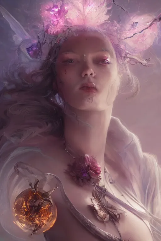 Image similar to face closeup of beautiful woman necromancer, magical fairy exploding into flowers and ice, angels, 3 d render, hyper - realistic detailed portrait, holding fire and electricity rainbow, ruan jia, wlop. scifi, fantasy, magic the gathering, hyper detailed, octane render, concept art, peter mohrbacher