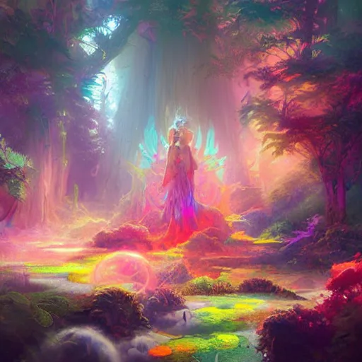 Image similar to a psychedelic realm where astral beings share love greg rutkowski wlop lisa frank bob ross ruan jia illustration