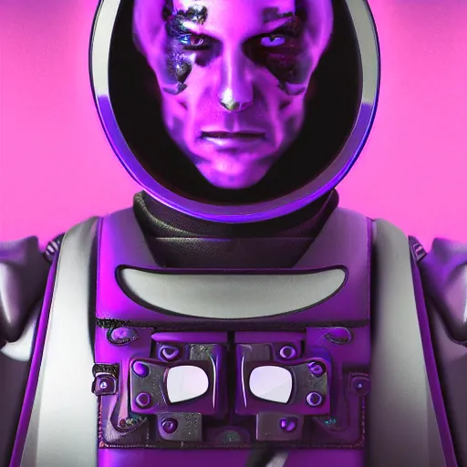 Prompt: a portrait photo of a futuristic sci - fi pirate, purple themed, robot pirate