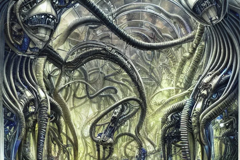 Image similar to a surreal and awe - inspiring science fiction landscape, alien plants and animals, intricate, elegant, uplifting, happy, inspirational, highly detailed watercolor painting by h. r. giger and mark brooks