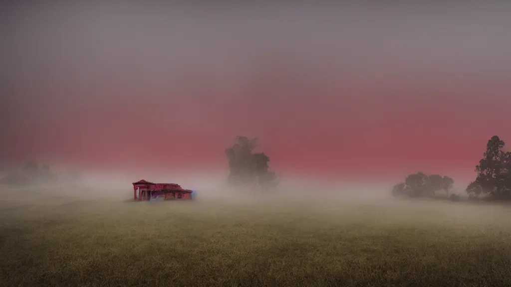 Image similar to an ancient city! lost in time!! fog! red haze! photography! realistic!!