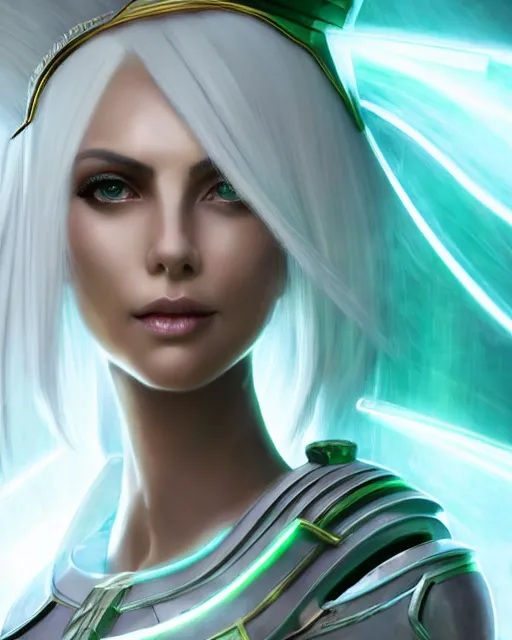 Image similar to perfect white haired attractive egyptian goddess, warframe armor, beautiful, symmetric, dreamy, half asian, pretty face, green eyes, charlize theron, detailed, scifi platform, laboratory, experiment, 4 k, ultra realistic, epic lighting, android body, illuminated, cinematic, masterpiece, art by akihito tsukushi, voidstar