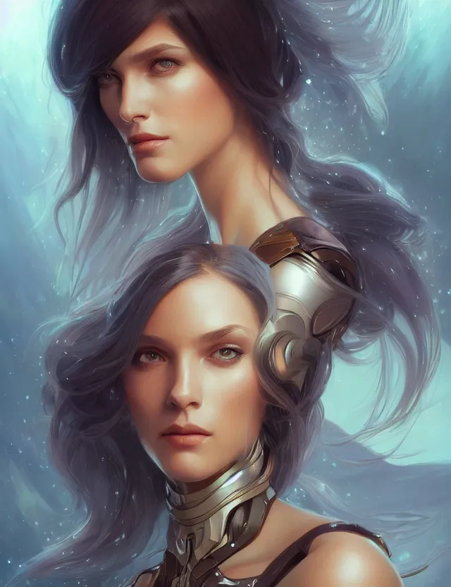 Image similar to futuristic woman portrait, sci-fi, amber eyes, face, long hair, fantasy, intricate, elegant, highly detailed, digital painting, artstation, concept art, smooth, sharp focus, illustration, art by artgerm and greg rutkowski and alphonse mucha