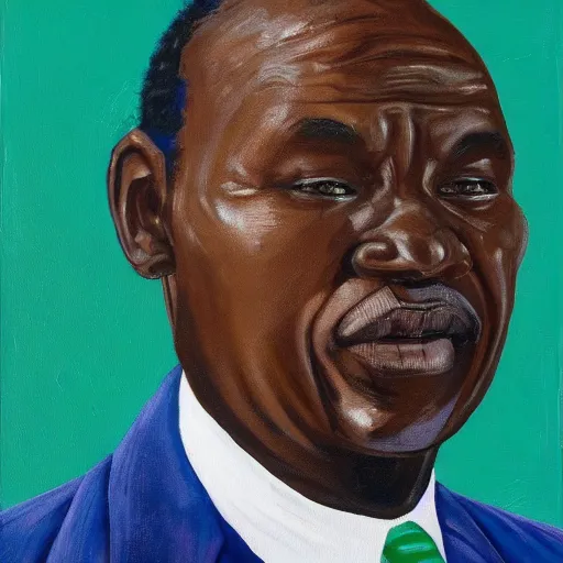 Image similar to a painting of a wide forehead, round face, XXL , smirky, fatherly, loving, caring, generous, ever-present, humble, wise elder from Kenya in a suit by Kehinde Wiley . Fatherly/daddy, focused, loving, leader, relaxed,. ethereal lights, details, smooth, sharp focus, illustration, realistic, cinematic, artstation, award winning, rgb , unreal engine, octane render, cinematic light, macro, depth of field, blur, red light and clouds from the back, highly detailed epic cinematic concept art CG render made in Maya, Blender and Photoshop, octane render, excellent composition, dynamic dramatic cinematic lighting, aesthetic, very inspirational, arthouse.